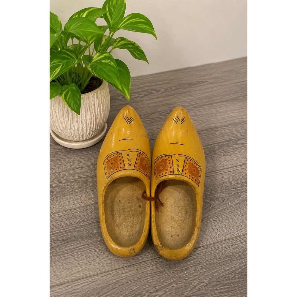 Vintage Dutch Wooden Clogs Klompen Hand Painted Yellow Holland Shoes Folk Decor